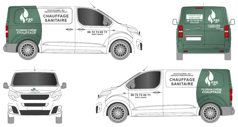 Aperçu du nouvel habillage des véhicules F2C Chauffage et Climatisation en vert sauge et blanc.